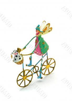 Isolated Christmas Angel on a Bicycle with Dog