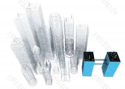 three dimensional blue print of corporate buildings