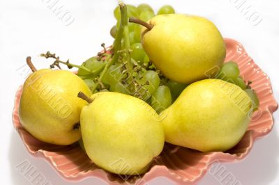 Pears and grapes in pink vase 2