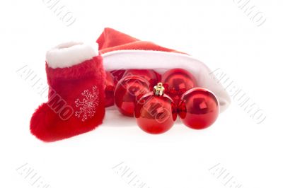 Santa hat and boot with red christmas balls