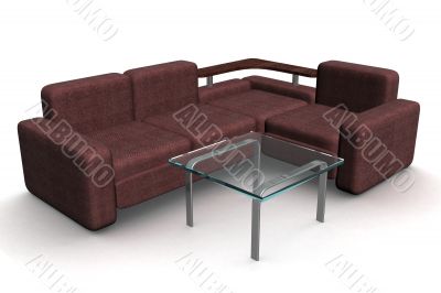 Sofa and glass little table. 3D illustrations.