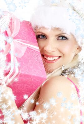 santa helper girl with gift box and snowflakes