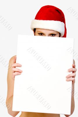 Christmas girl holding up a white sign Christmas girl holding up a white sign