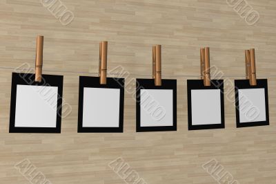 Five sheet of a paper hanging on a cord. 3D image.