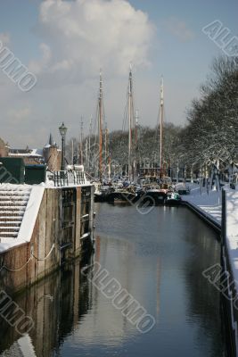 Ships in harbour on a winters day