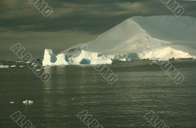 Icebergs in late evening alpenglow