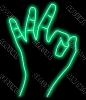 Abstract neon sign of hand OK sign