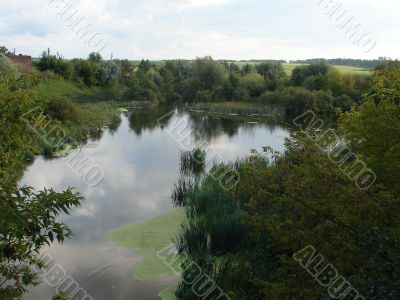 Deep calm river waters near forest