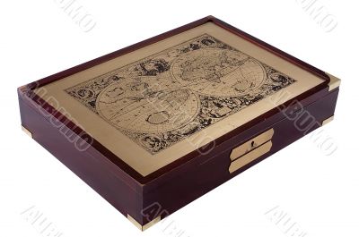 Old wooden box for documents with an ancient map. Old wooden box for documents with an ancient map.