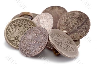 Pile of ancient German coins in the form of buttons
