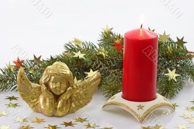 Golden Angel with Red Candle and Fir Branch