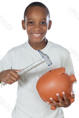 Boy breaking a money box