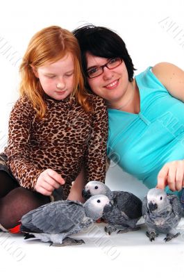 red tale parrot isolated on white with female and girl