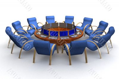 Twelve workplaces behind a round table. 3D image.