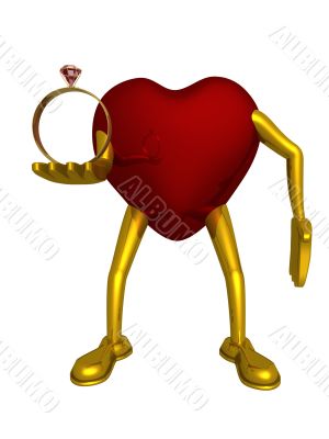Ring and heart. Concept of love. 3D image.