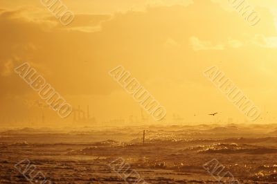 Smoking factories at sunset