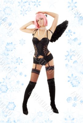 black lingerie angel with pink hair and snowflakes