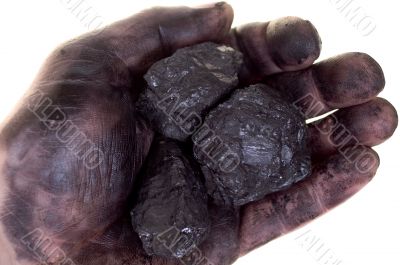 Pieces of coal in dirty palm Pieces of coal in dirty palm