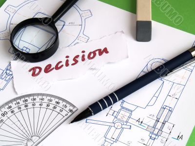 Decision, magnifier, pencil on draught Decision, magnifier, pencil on draught