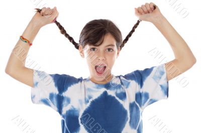 girl holding braids and shouting
