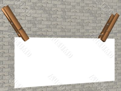 One sheet of a paper hanging on a cord. 3D image. One sheet of a paper hanging on a cord. 3D image.
