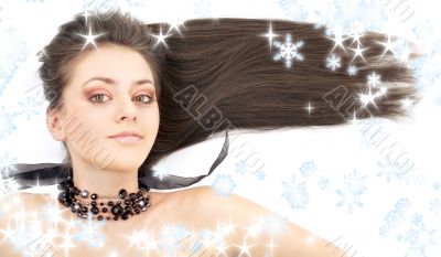 lovely brunette in black collar with snowflakes