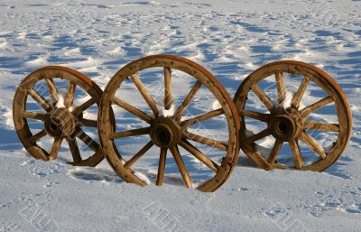 Three wooden wheels in a snow floor.