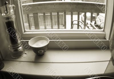 window-sill with paper mill and salt-cellar