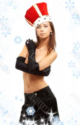 girl in black gloves and red crown with snowflakes