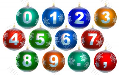 Collection of 12 shiny christmas baubles, with numbers, period a