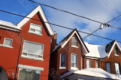 Snowed townhouses in downtown Toronto