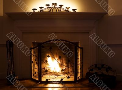 Cozy fireplace with burning fire