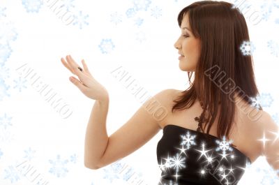 brunette with engagement ring and snowflakes 2
