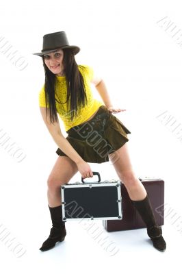 Beautiful brunette with valise