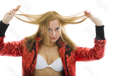 Blonde in red jacket