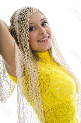 Beautiful blonde in yellow blouse