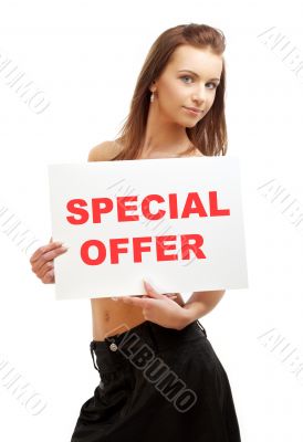 lovely girl holding special offer board