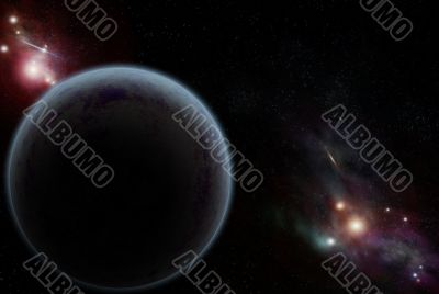 Digital created starfield with dark planet