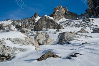 Rocks and snow. Winter in Swiss Alps.
