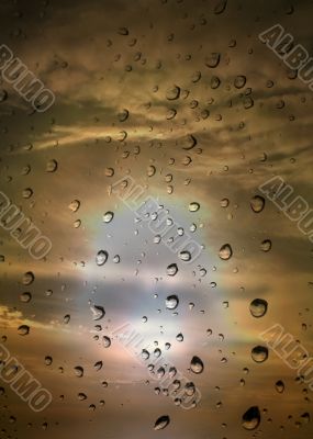 water drops against summer sunset