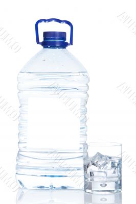 Bottle and glass of mineral water with droplets