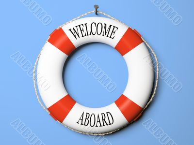 Red and white life buoy isolated on blue background
