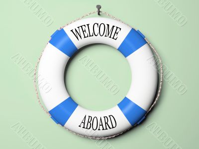 Blue and white life buoy isolated on green background