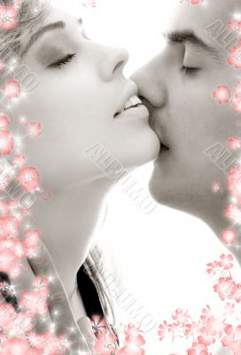 monochrome gentle kiss with flowers