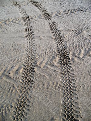 Tyre tracks of 4 by 4 vehicle in the sand