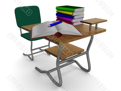 School desk with textbooks and a pencil. 3D image.