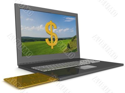 Opel laptop with credit-card. 3D image.