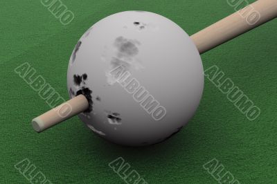 Old billiard ball punched cue. 3D image.