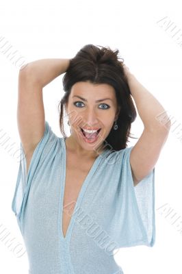 portrait of the brunette in the blue dress