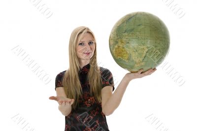 Young woman with  globe